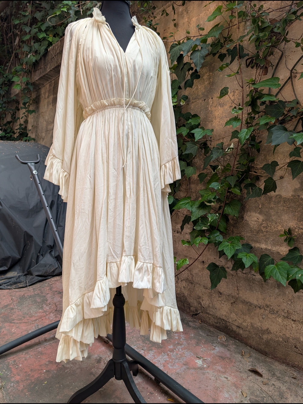 Ivory Ruffled Midi Dress with Elastic Waist